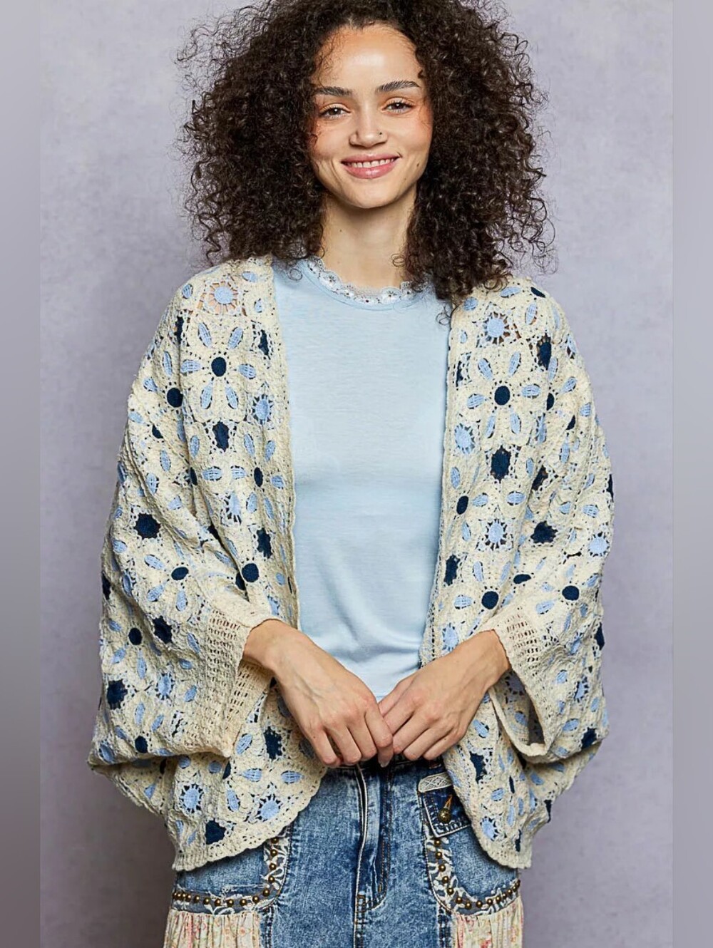 POL Open Front Floral Crochet Blue Cream Boho Kimono Cardigan Cover Up One Size - Picture 1 of 10